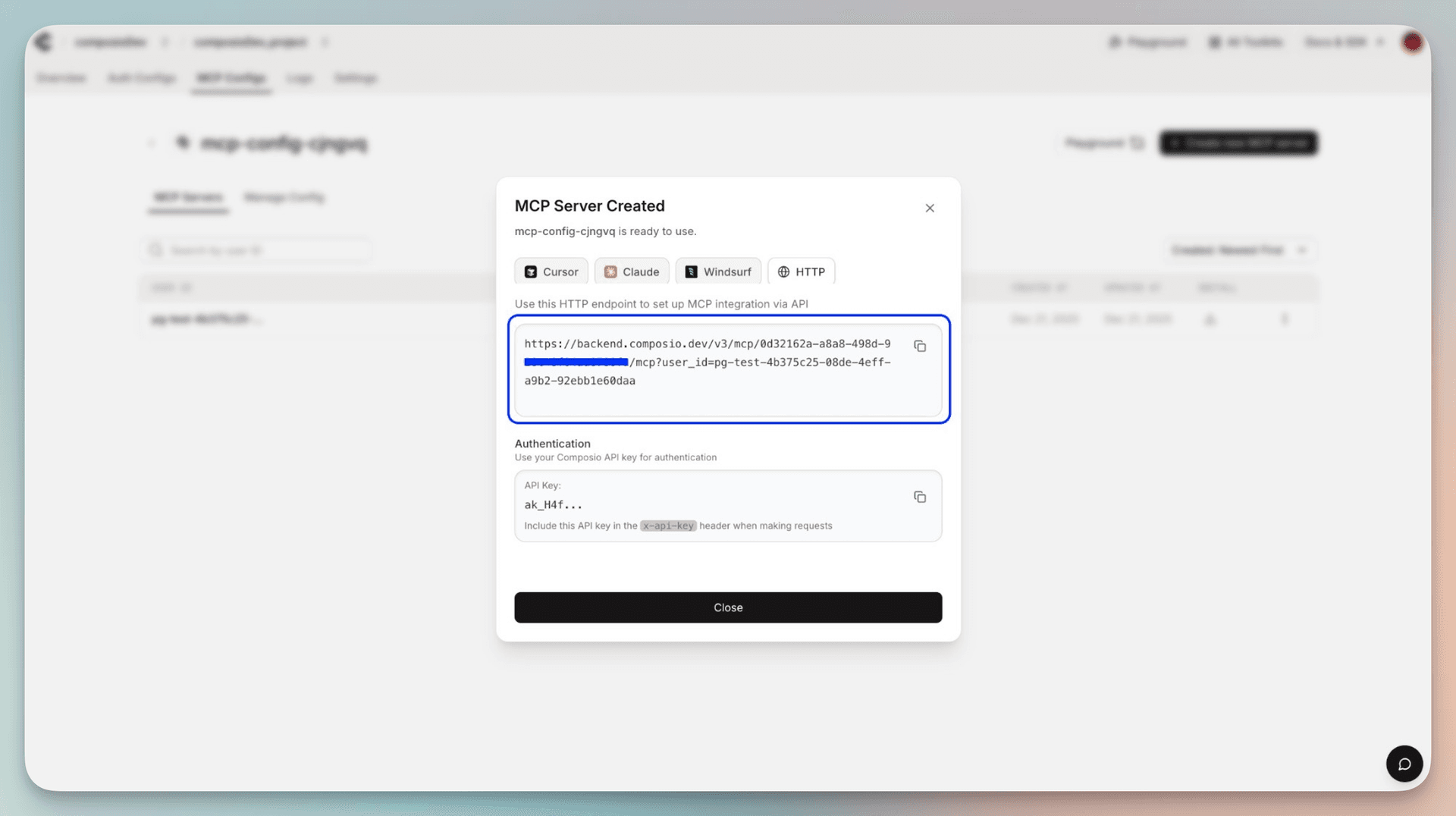 Example MCP server URL shown in the Devcaster dashboard
